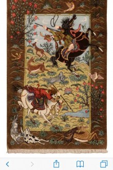 Шёлковый сюжетный персидский ковёр ручной работы СЦЕНА ОХОТЫ САИД.